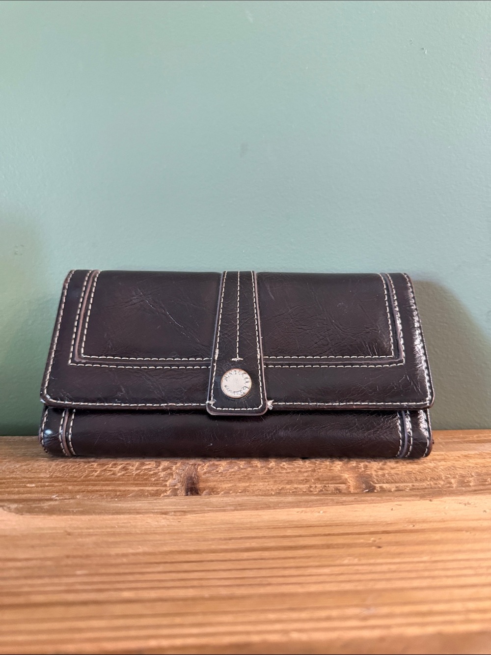 Nine & Co. by Nine West Brown Leather Trifold Wallet with Contrast Stitching